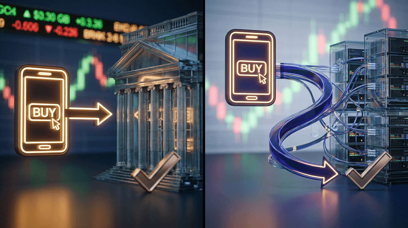 A split-screen visual showing a stock order icon (a glowing "BUY" button on a phone screen) with two diverging arrows—one leading straight to a traditional exchange building/ticker board, the other curving through a shadowy intermediary hub