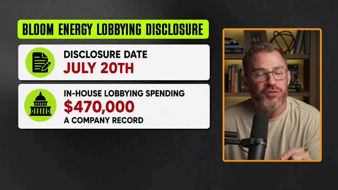 Bloom Energy lobbying disclosure infographic showing July 20th filing date and $470,000 in-house lobbying spending, a company record