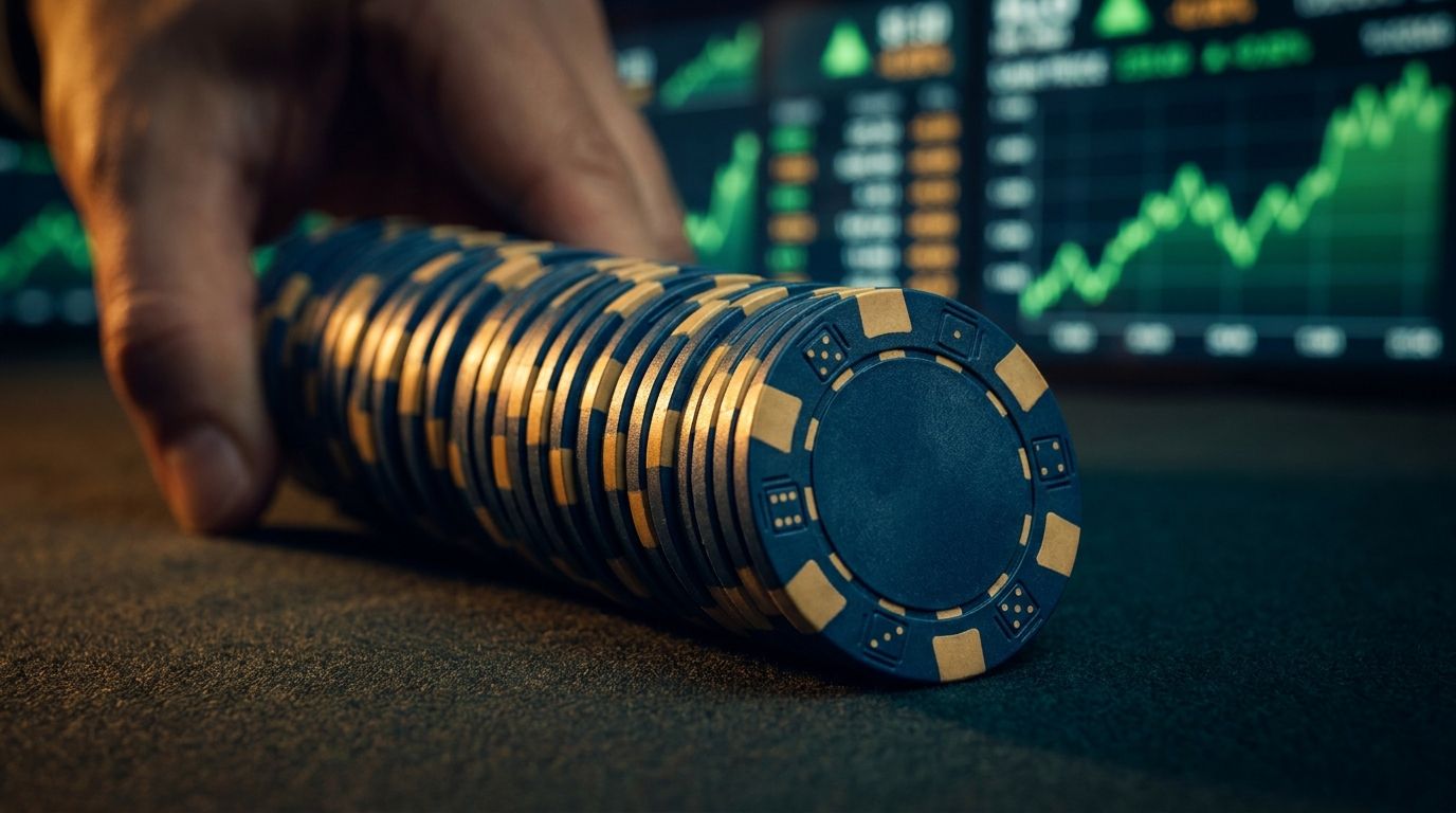 A close-up of Nancy Pelosi's hand placing a large stack of poker chips onto a table, with stock market ticker screens glowing in the background.