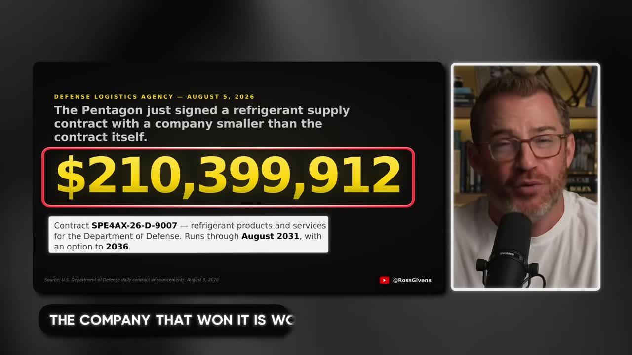 Stat overlay showing Pentagon refrigerant supply contract worth $210 million running through August 2031