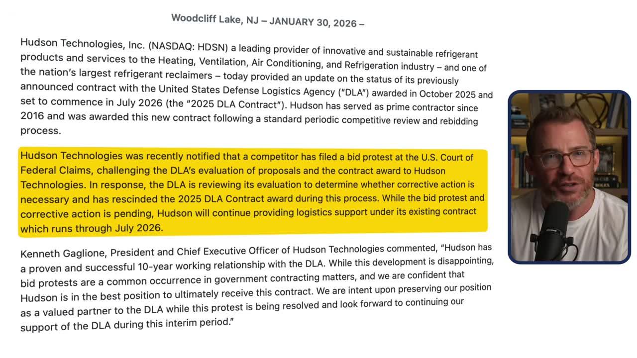 Hudson Technologies press release explaining a competitor's bid protest against the DLA contract award