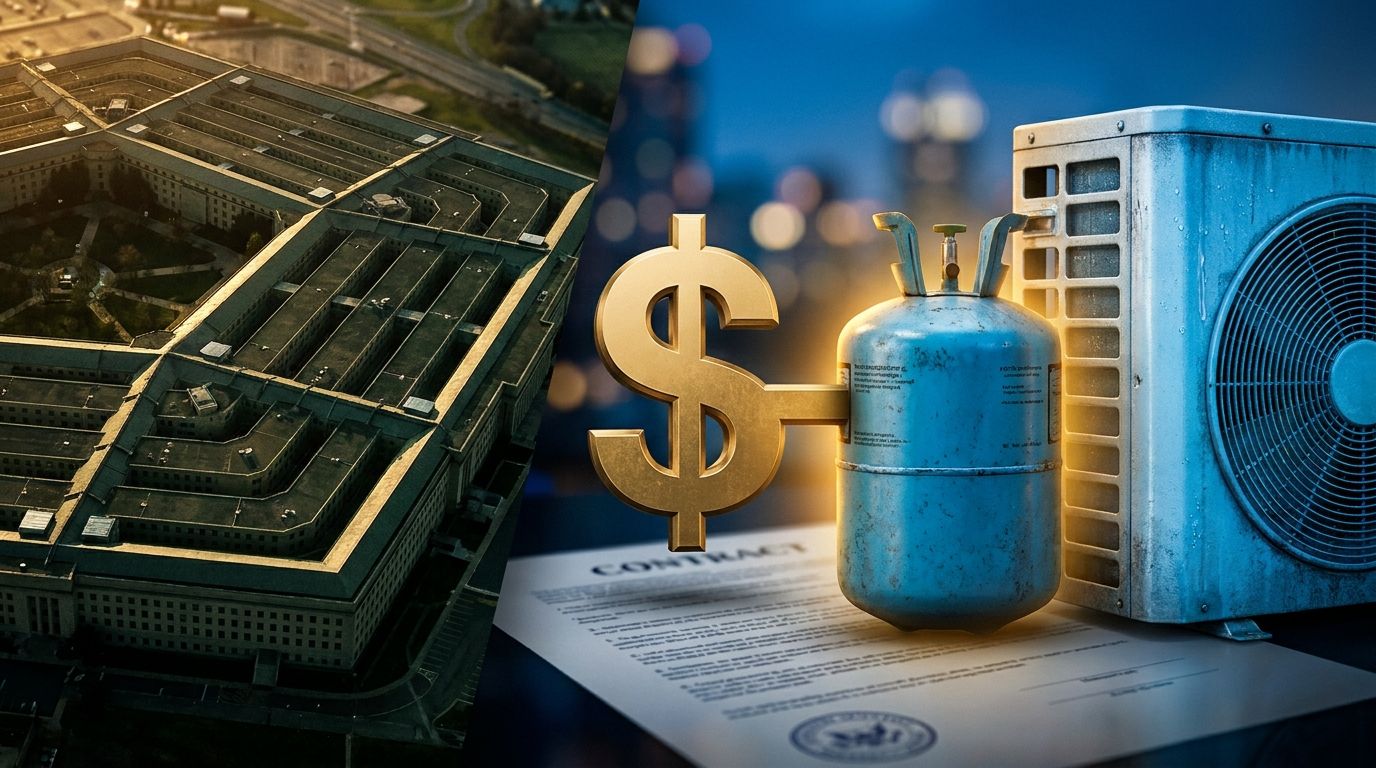 A dramatic split composition showing a massive Pentagon building on one side and a tiny refrigerant canister or AC unit on the other, connected by a bold contract document or dollar sign graphic, emphasizing the striking size disparity.