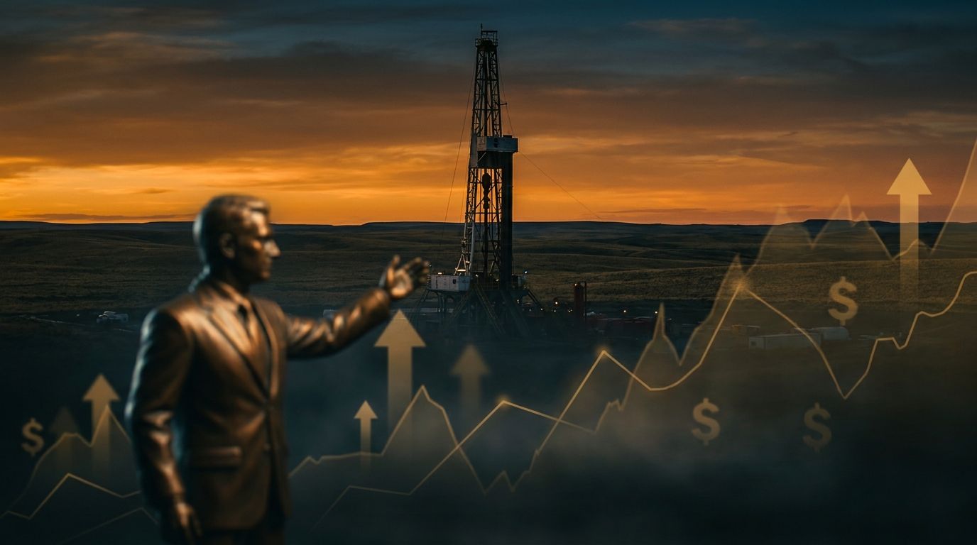 A powerful visual of an oil derrick or drilling rig silhouetted against a dramatic Patagonian landscape, with golden financial charts or currency symbols subtly overlaid in the background.