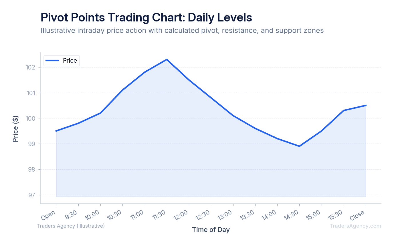Line chart showing a sample trading day with pivot point at $100, three resistance levels (R1, R2, R3) above, and three support levels (S1, S2, S3) below