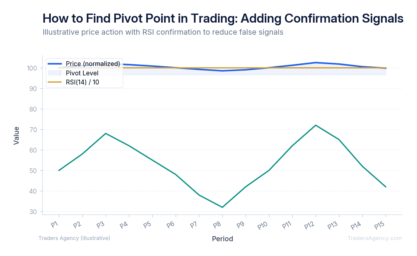 Multi-line chart showing price bouncing off pivot levels while RSI confirms overbought/oversold conditions
