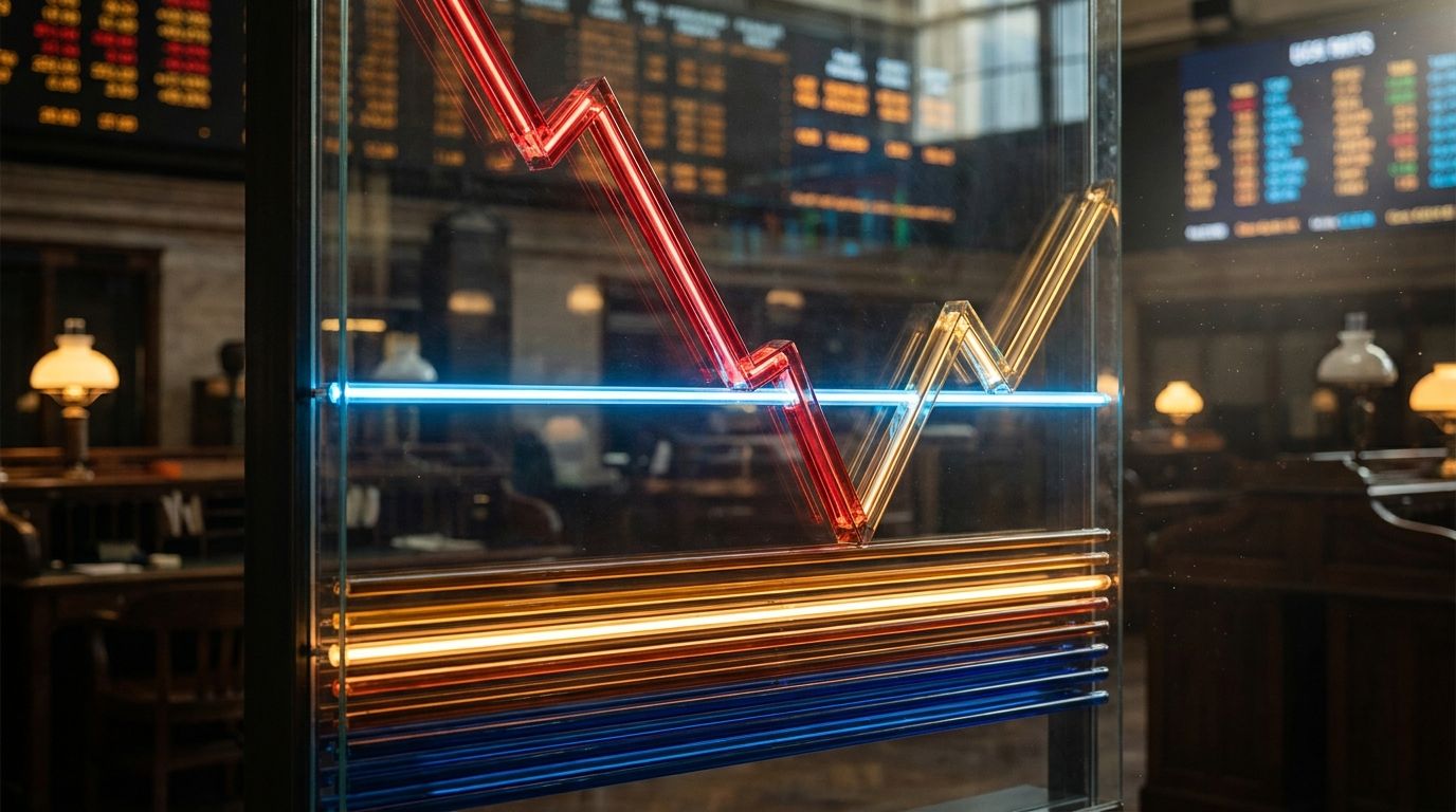 A dramatic stock chart fills the frame, with a bold horizontal line acting as a clear pivot point where a sharp price decline visibly bounces and reverses upward, illustrated with glowing support and resistance levels stacked above and belo