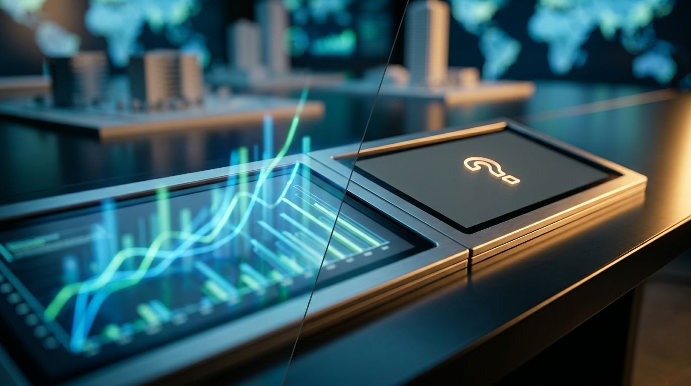 A split-screen composition shows two contrasting financial dashboard screens side by side — one displaying a glowing, active revenue/sales chart and the other showing a blank or grayed-out earnings field with a question mark, visually repre