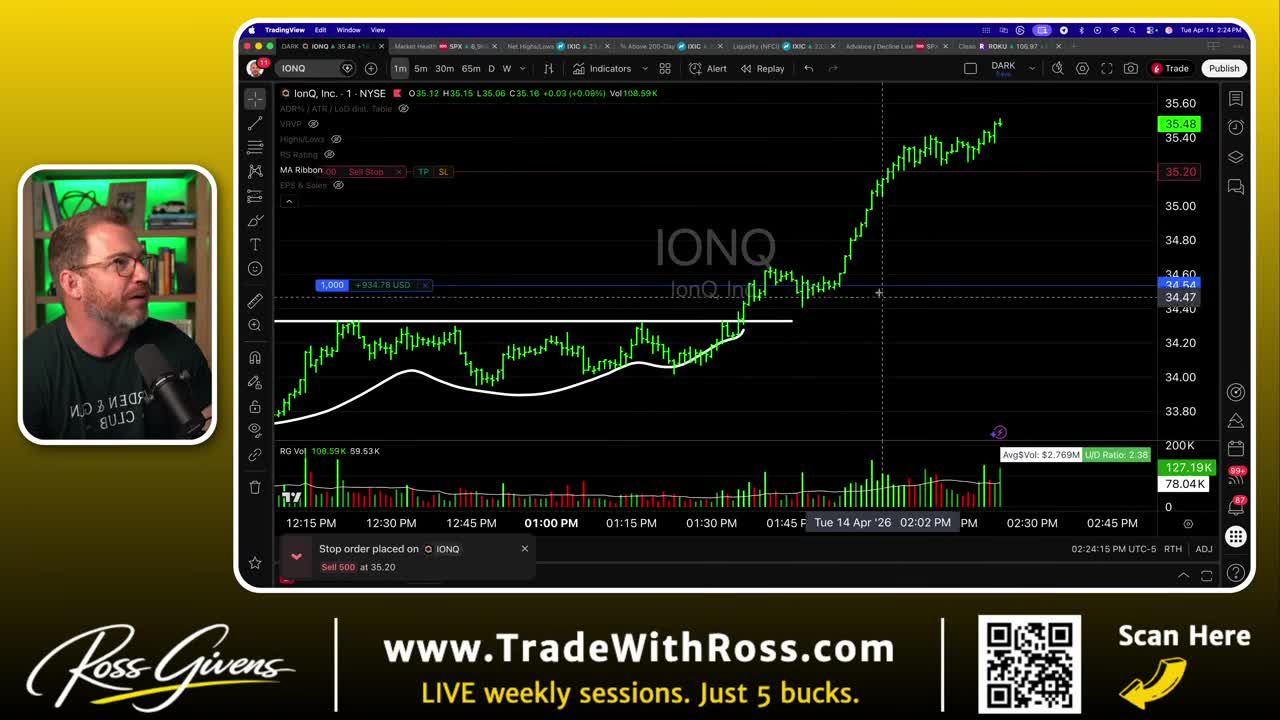IONQ 1-minute candlestick chart showing a sharp price spike with active sell orders being placed at $35.20