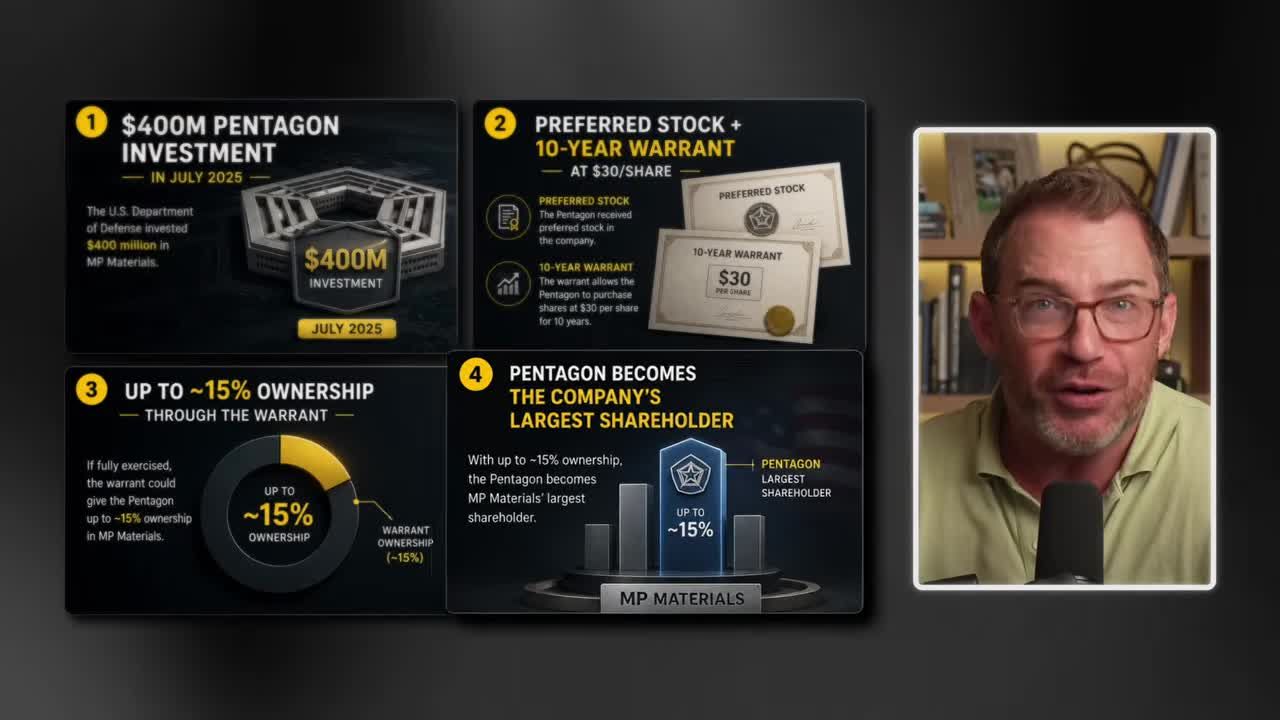 Four-panel infographic detailing the Pentagon's $400M investment in MP Materials, including preferred stock, a 10-year warrant at $30/share, up to ~15% ownership, and Pentagon becoming the largest shareholder