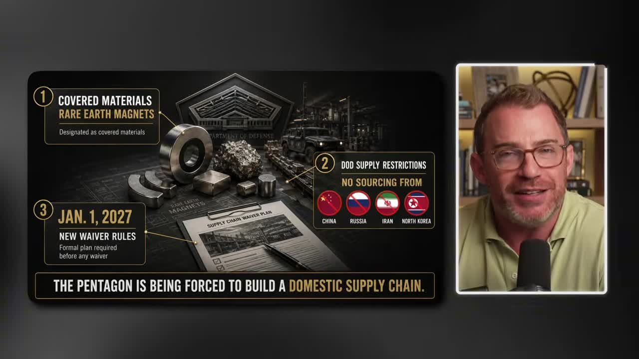 Infographic showing Pentagon rare earth magnet supply chain restrictions: covered materials, no sourcing from China, Russia, Iran, North Korea, and new waiver rules effective January 1, 2027