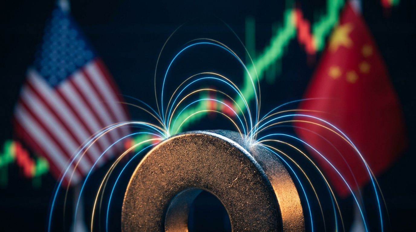 A dramatic close-up of a powerful neodymium rare earth magnet with vivid magnetic field lines visualized in glowing blue and gold arcs, set against a dark background.