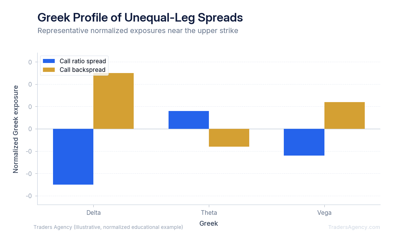 Bar chart comparing normalized delta, theta, and vega exposure for a call ratio spread and call backspread near the upper strike