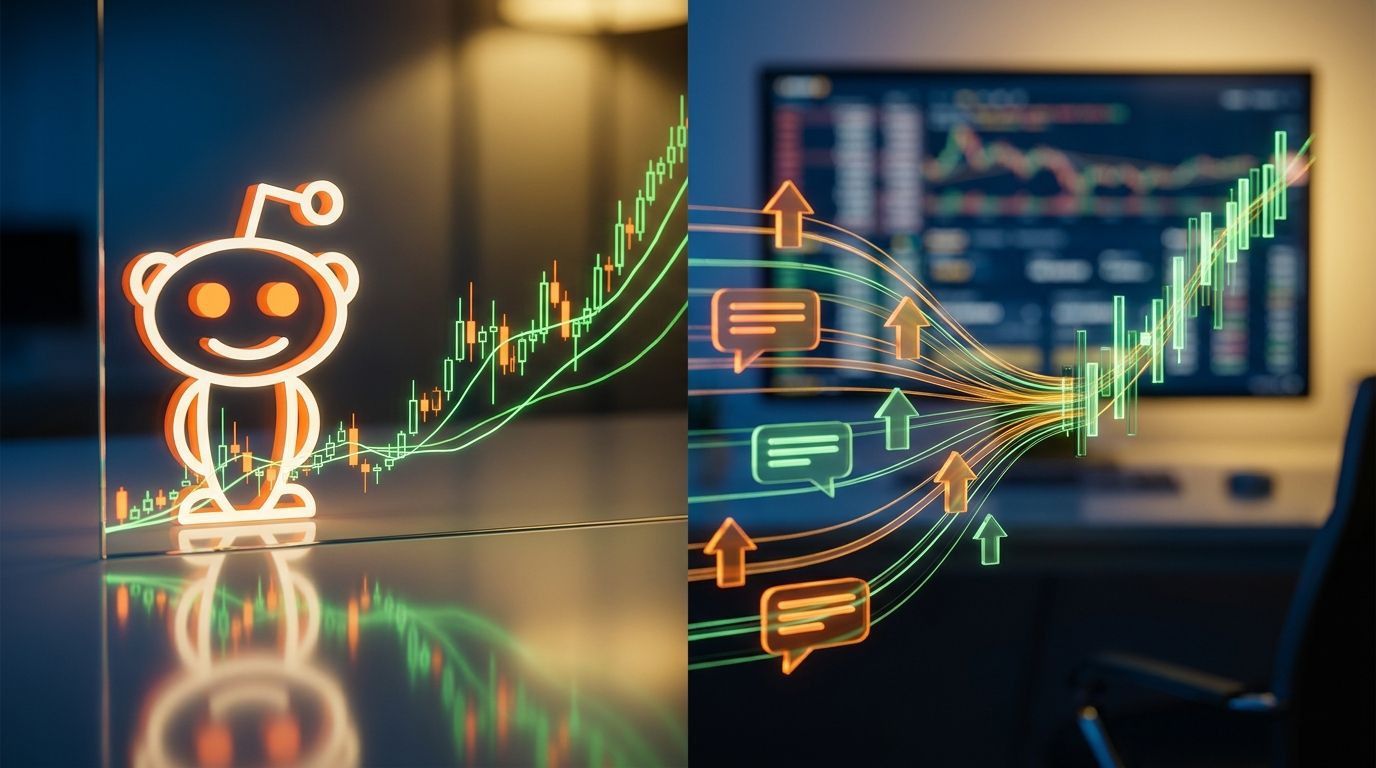 A split-screen composition showing a glowing Reddit alien mascot reflected in a stock market candlestick chart, with upward-trending green price action lines emerging from the screen.