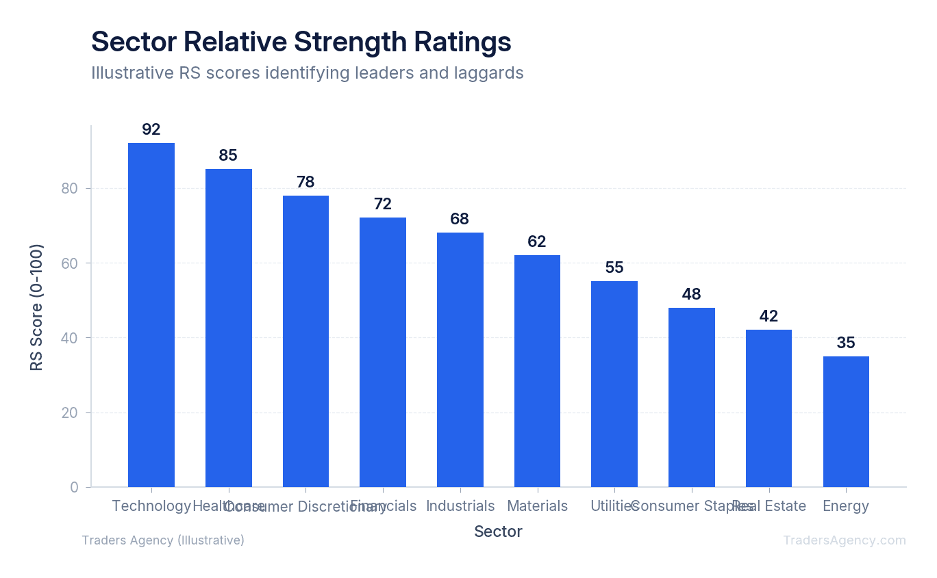 Bar chart comparing relative strength ratings across market sectors, showing technology and healthcare as leaders and energy as laggard