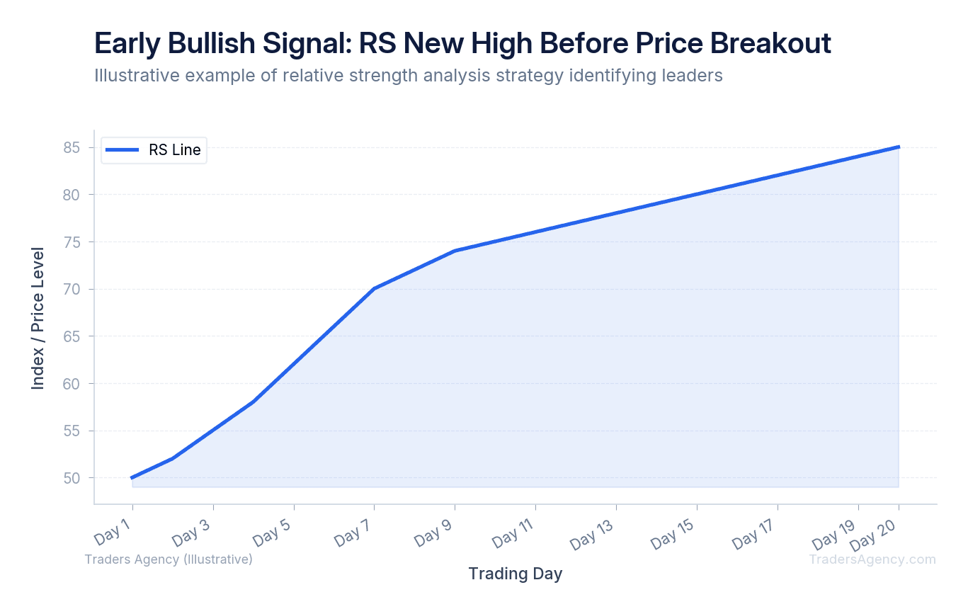 Line chart showing relative strength line reaching new highs 3-4 periods before stock price breaks above resistance