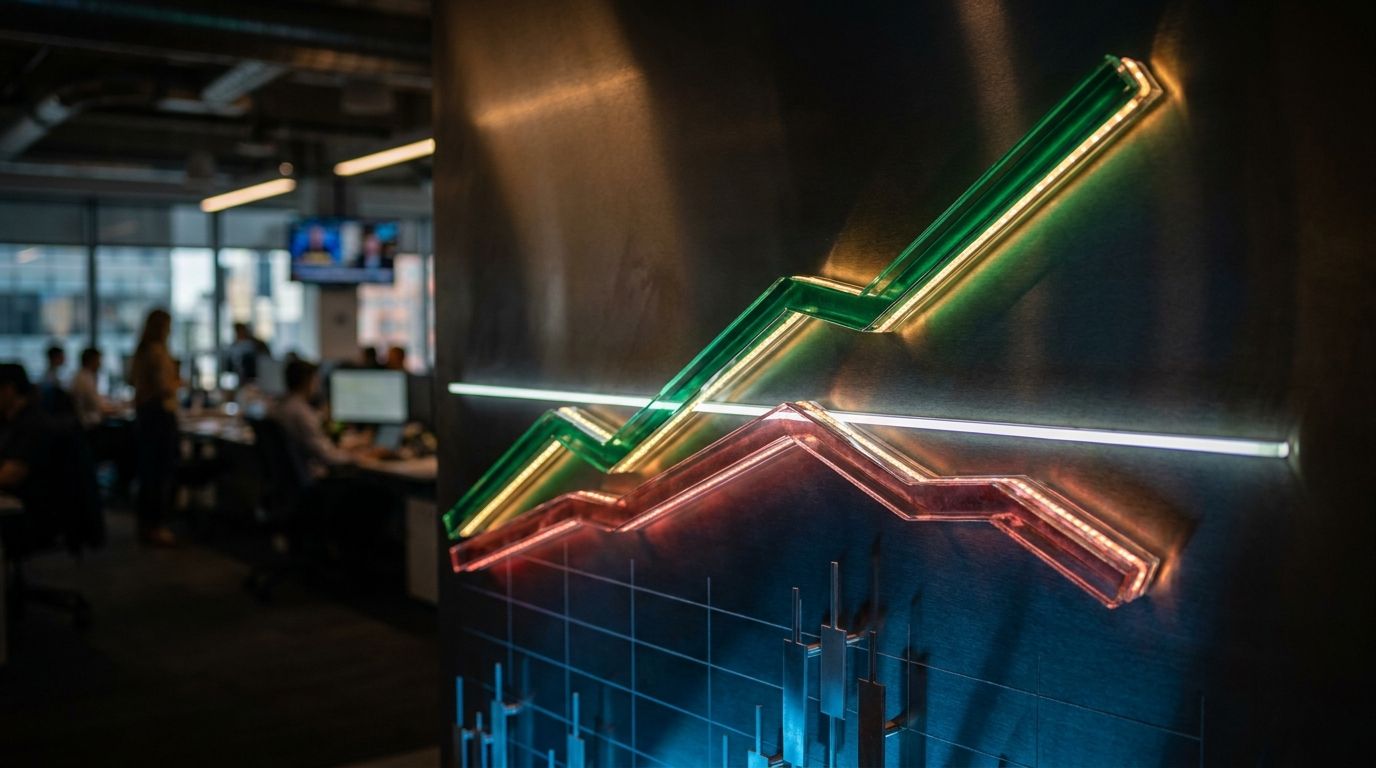 A split-screen financial chart visualization shows two contrasting stock performance lines — one bold, upward-climbing line glowing in green against a dark background, and one weak, declining red line — with a prominent benchmark index line
