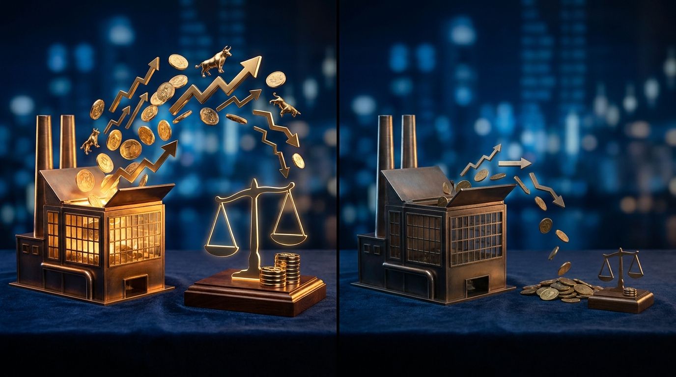 A split-screen composition showing two identical factory buildings or office towers side by side, with one generating a bright stream of golden coins and upward-trending arrows flowing back to investors, while the other produces a noticeabl