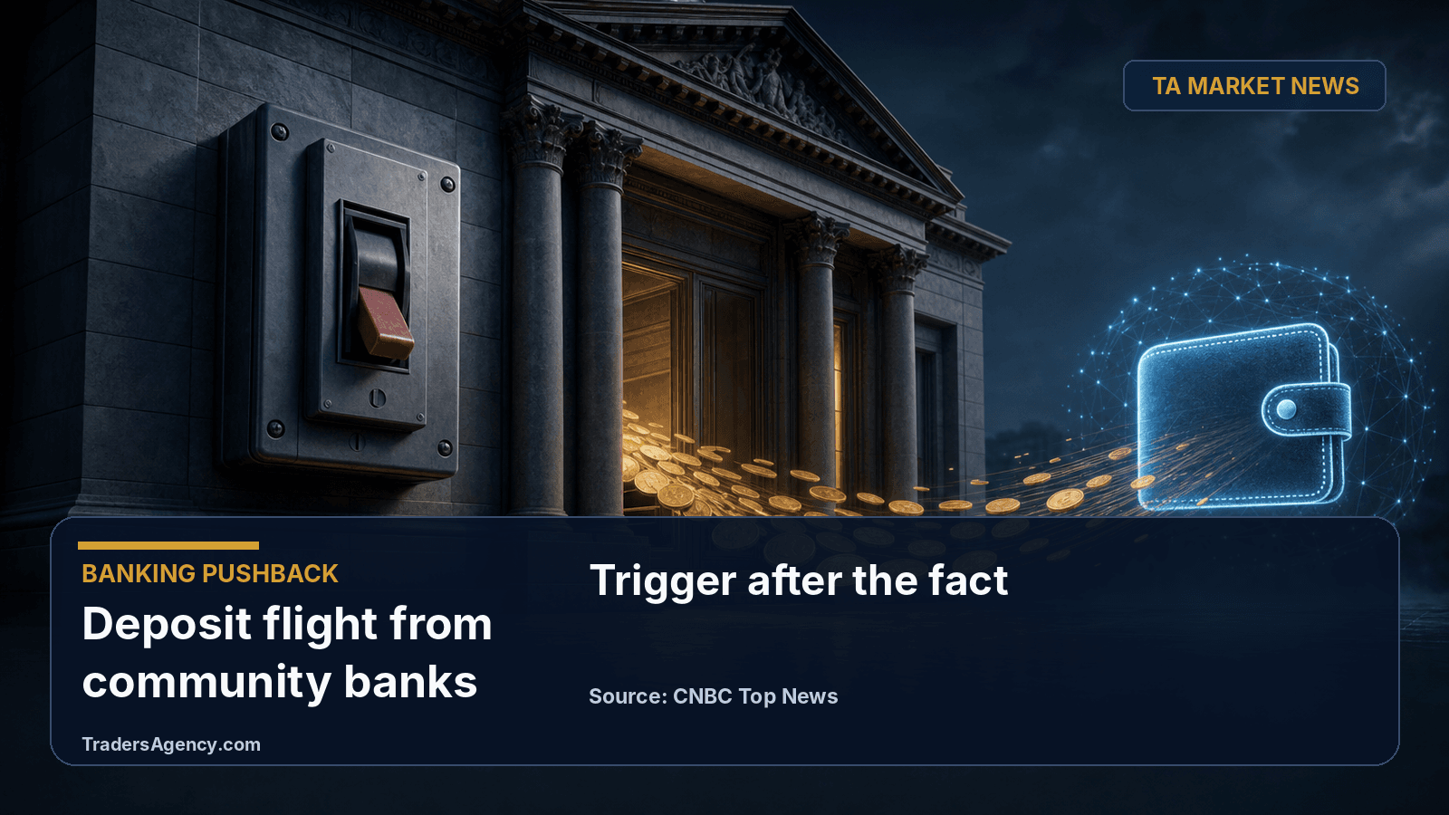 Illustration of a bank building with an unactivated circuit-breaker switch as coins flow out toward a digital wallet, symbolizing delayed deposit-flight protections.