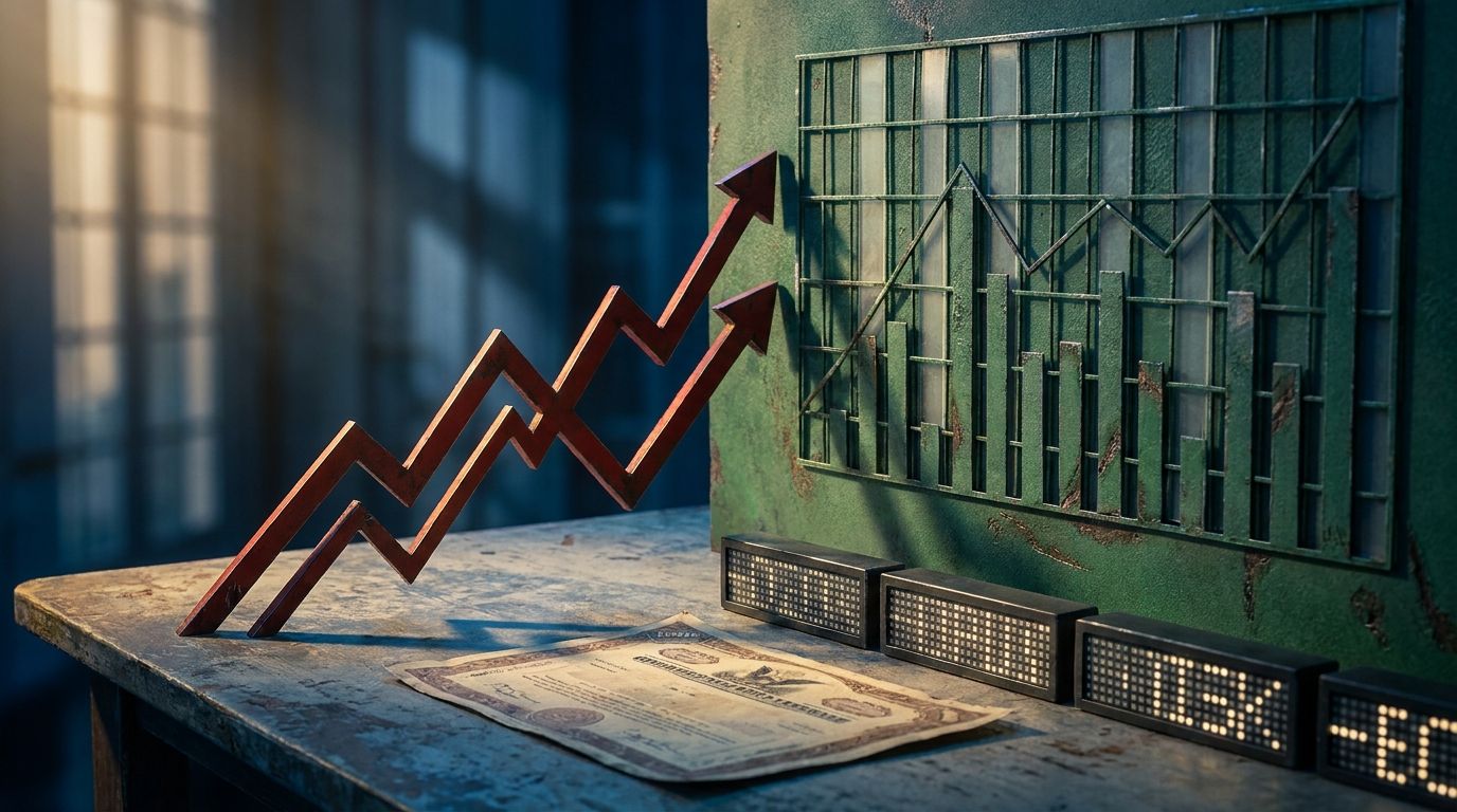 A split composition showing a rising graph line representing bond yields on one side, visually "pushing against" or creating tension with a stock market chart on the other side, rendered in contrasting colors like red and green.