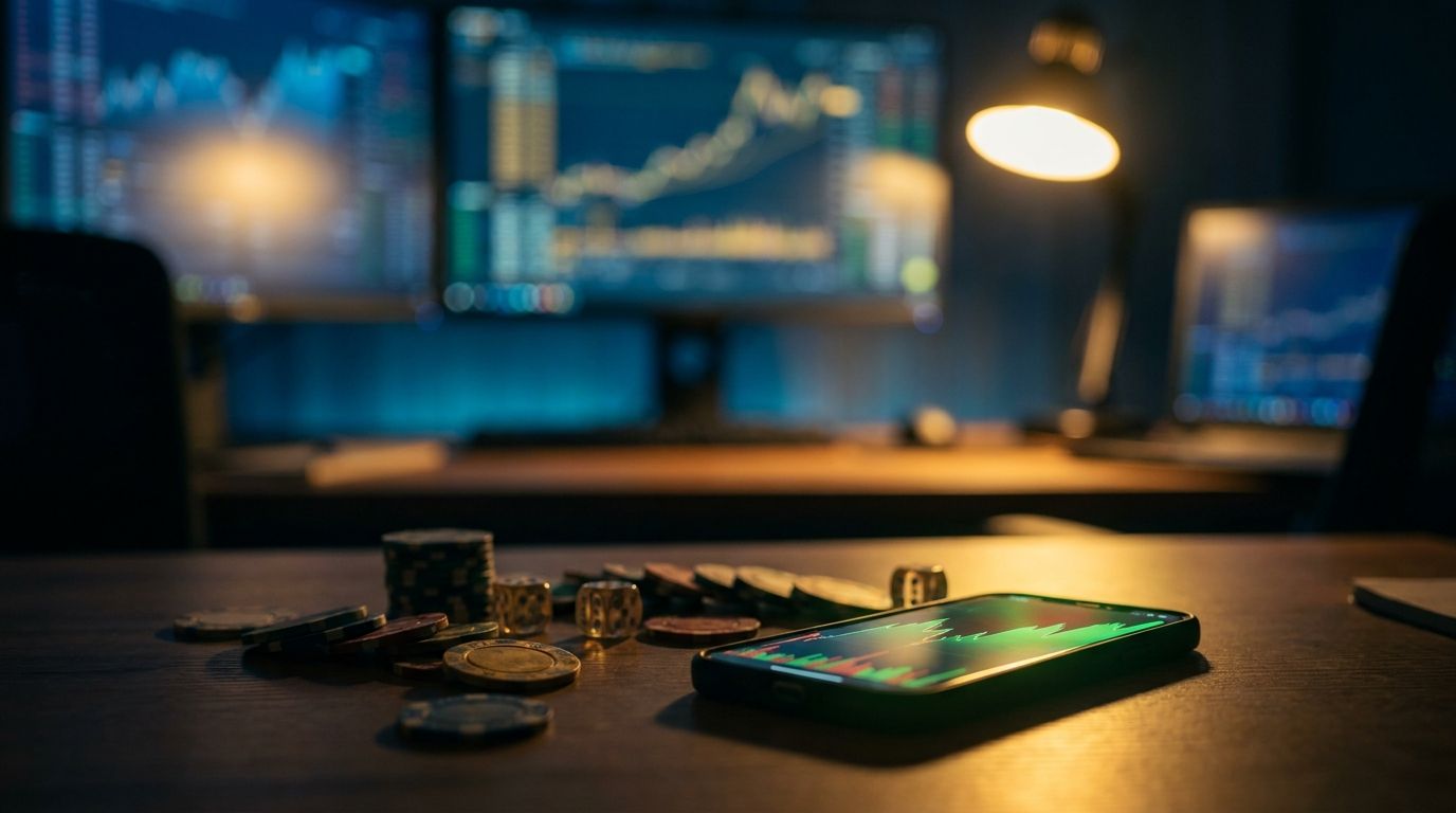A young trader stares intensely at a glowing smartphone screen displaying a dramatic stock chart with a sharp vertical spike, surrounded by the dim glow of multiple monitors in a dark room.