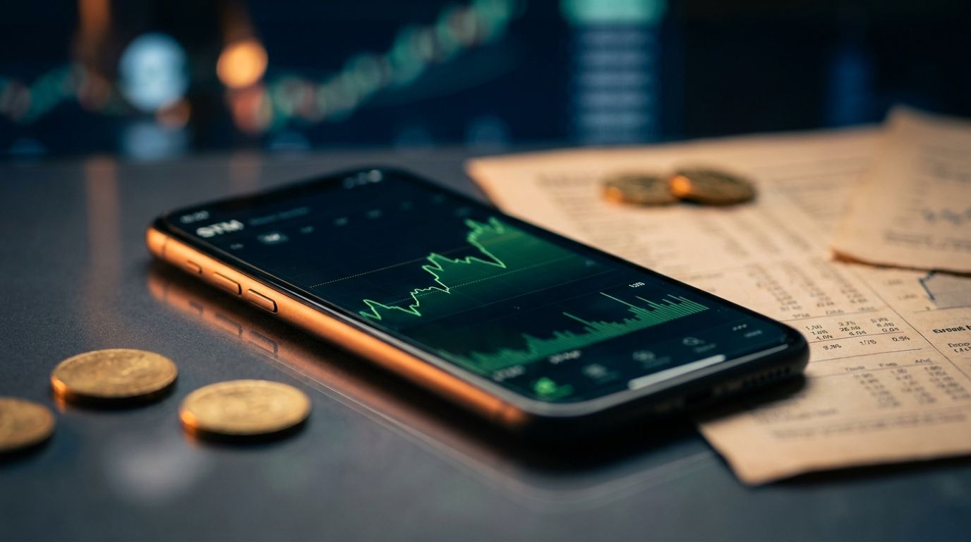 A close-up shot of a smartphone displaying the Robinhood app's iconic green interface, with stock charts and upward-trending graphs glowing on the screen.