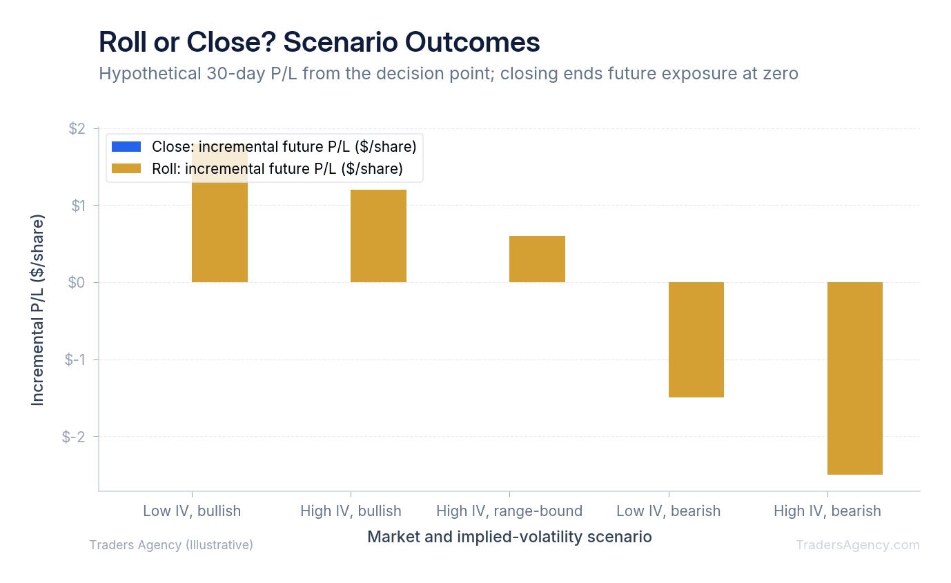 Bar chart comparing hypothetical 30-day incremental profit and loss from rolling a call across bullish, range-bound, and bearish volatility regimes, with closing represented as zero future exposure