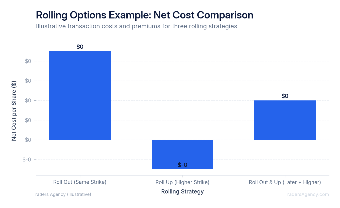 Bar chart comparing net cost of rolling out, rolling up, and rolling out-and-up across three example positions