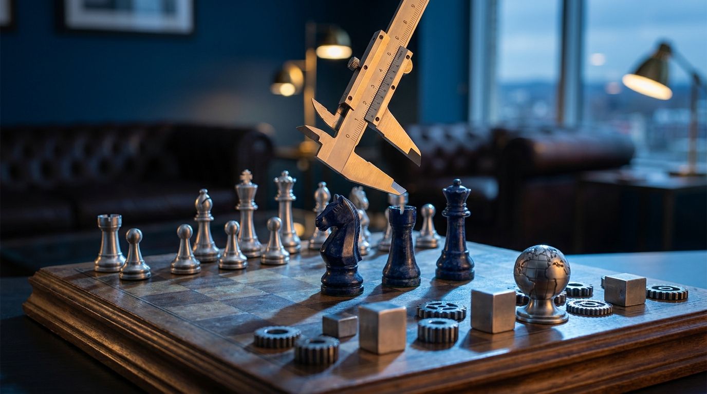 A chess player's hand confidently moves a piece across a board, with the pieces casting dramatic shadows that suggest strategic repositioning rather than retreat.