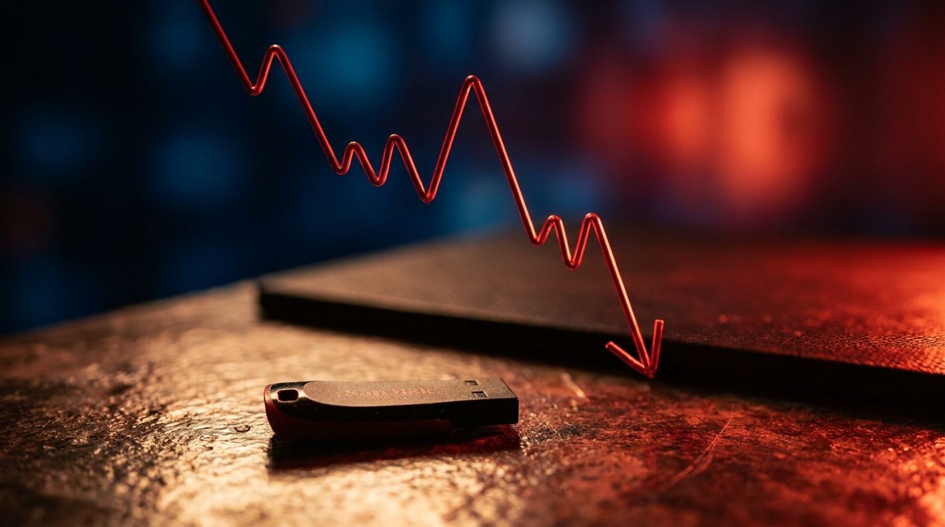 A dramatic downward-trending stock chart line plunging sharply against a deep red background, with a SanDisk flash storage device or memory chip placed prominently in the foreground.