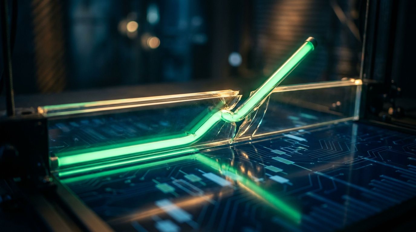A bold upward-trending stock market chart line breaks through a ceiling or resistance level, rendered in vivid green against a dark financial dashboard background with subtle grid lines and candlestick patterns.
