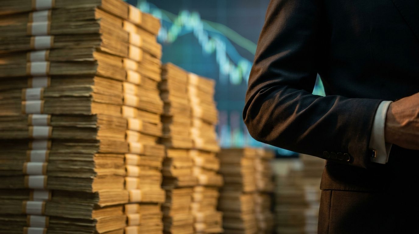 A close-up portrait-style image of a suited figure (representing a Treasury official) standing before a massive wall of stacked, bundled dollar bills or gold-tinted bond certificates, conveying the enormous scale of the financial interventi