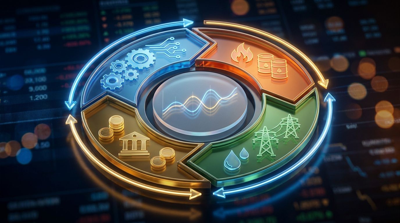 A dynamic circular flow diagram rendered as a glowing, three-dimensional wheel divided into colored segments representing different market sectors — technology, energy, utilities, financials — with bright arrows showing capital moving betwe