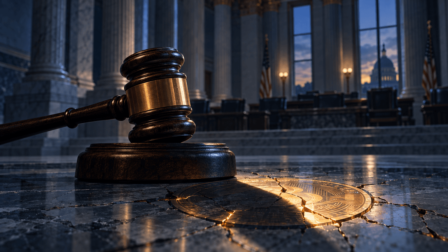 A gavel casts a shadow over a cracked, glowing digital coin embedded in a marble Senate floor, with empty chamber seats blurred in the background.