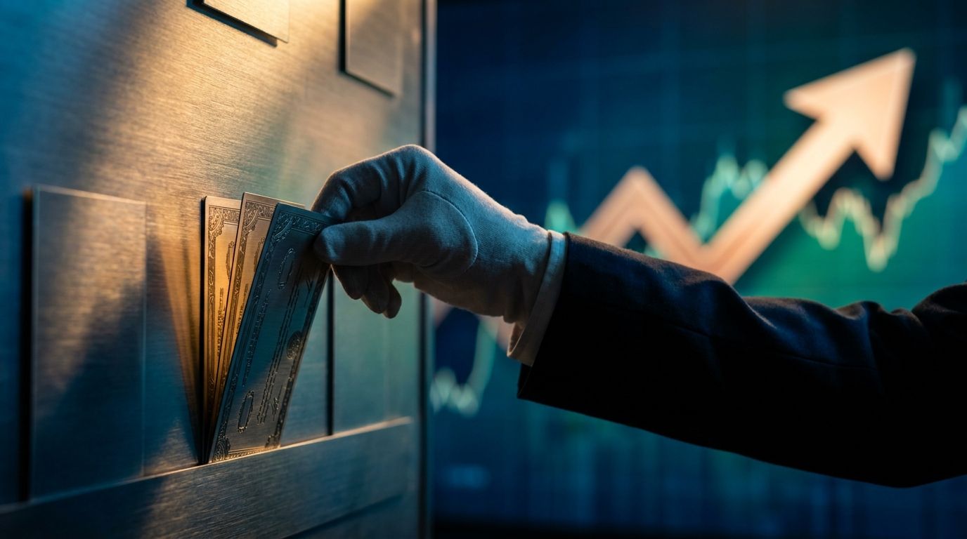 A close-up shot of a corporate hand pulling shares or stock certificates back off a market board, with a stock price chart arrow visibly climbing upward in the background.