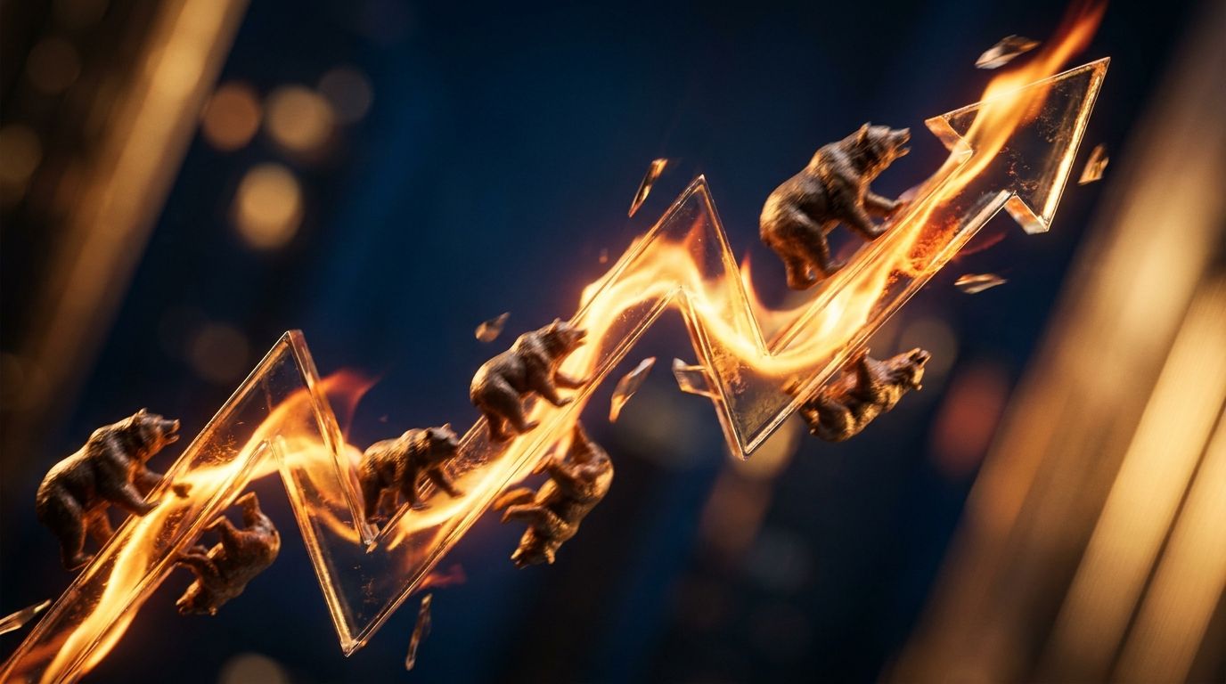 A dramatic upward-exploding stock chart rendered in fiery red and orange tones, with a crowd of small bear figures being violently squeezed or crushed upward by the surging price line.