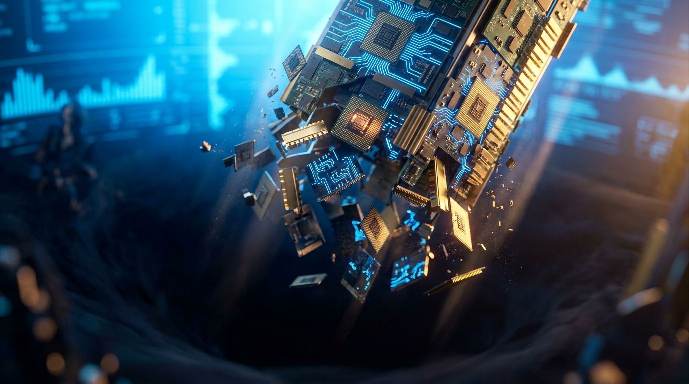 A dramatic visual of a towering stack of gold coins or a gleaming skyscraper rapidly crumbling or collapsing downward, with glowing circuit board patterns and semiconductor chip designs embedded within the falling debris.