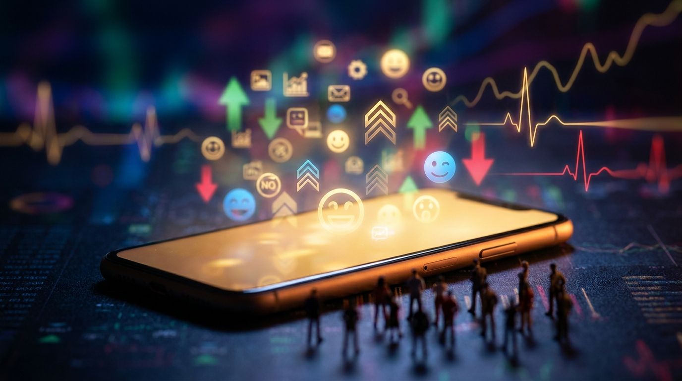 A glowing smartphone screen displays a dynamic social media feed with Reddit-style upvote icons, stock ticker symbols, and emoji reactions swirling around it, set against a dark, data-driven background filled with subtle sentiment graphs an