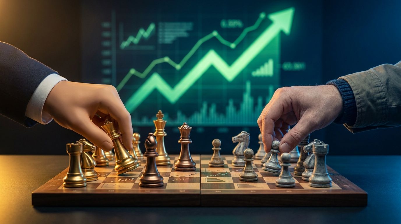 A split-screen composition showing two contrasting figures: a confident suited professional aggressively pushing all their chess pieces forward on a market board, while an ordinary retail investor cautiously pulls their pieces back in retreat. The background features a dramatic upward-trending stock chart glowing in green, creating a tense visual irony between the rising market and the divided reactions. The lighting is sharp and cinematic, with warm gold tones on the professional's side and coo
