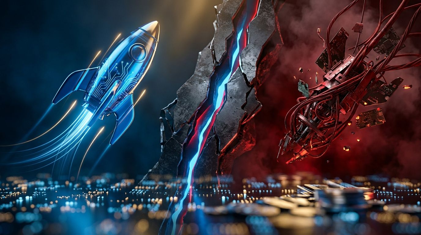 A dramatic split-screen visualization of the tech sector showing a sharp divergence — one side featuring a rocket or soaring stock chart climbing steeply upward, the other side showing a plummeting graph or falling object, both set against a dark, high-contrast background. In the foreground or center, a bold visual gap or chasm separates the two extremes, emphasizing the extreme dispersion theme. The overall mood should feel urgent and data-driven, with electric blue and red tones evoking both o