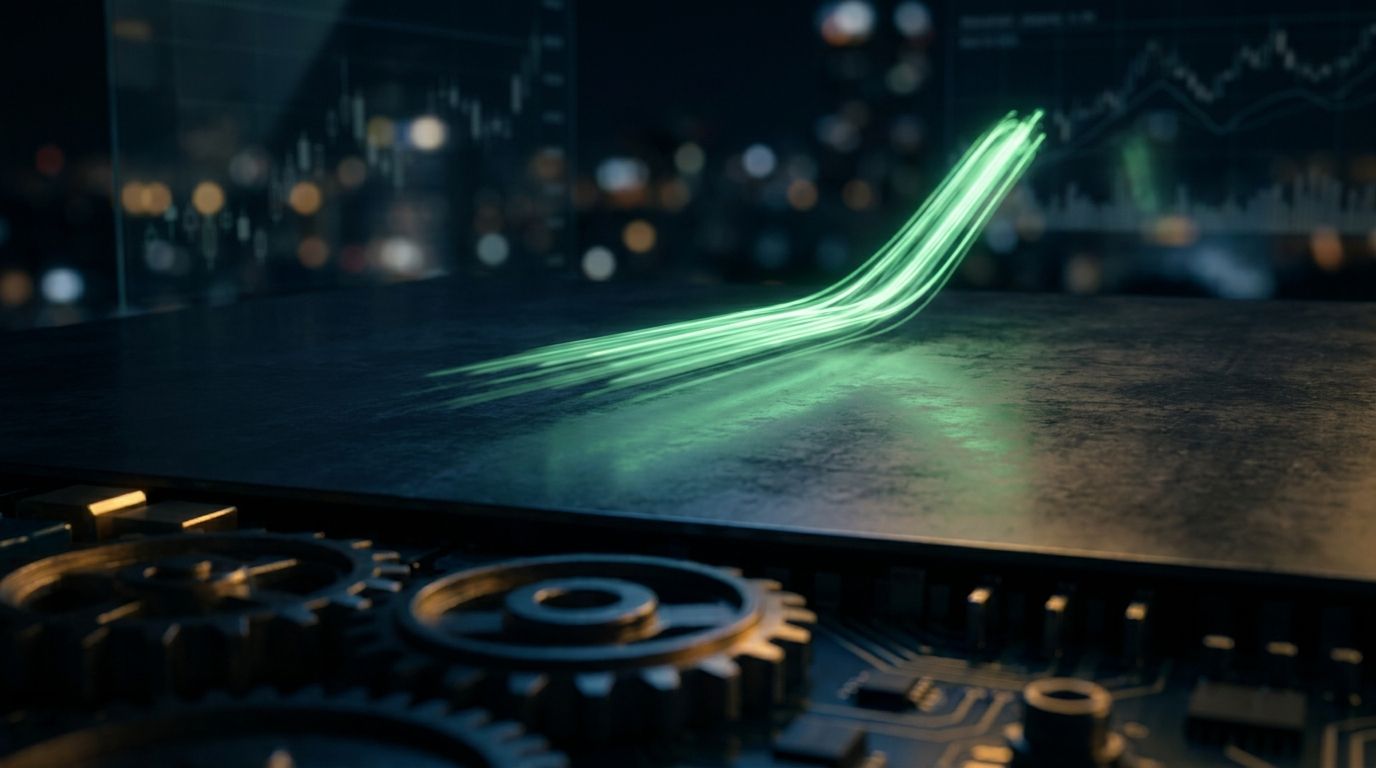 A dramatic upward-trending stock chart line rockets sharply higher against a dark financial background, with glowing green candlesticks capturing the explosive momentum of a rapid market reversal.
