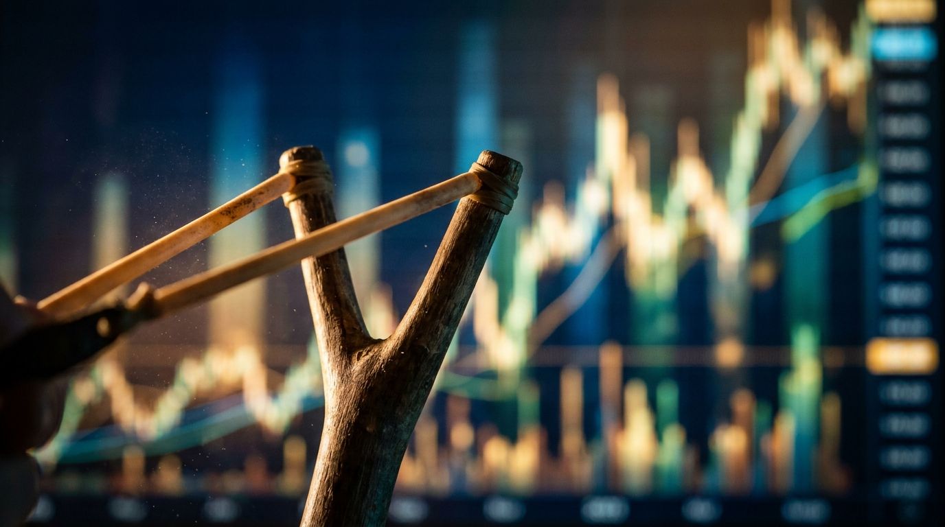 A slingshot stretched taut against a dramatic financial chart backdrop, with the elastic band pulled back and ready to launch, symbolizing the market's powerful rebound potential. The foreground features the slingshot in sharp focus while a glowing upward-trending stock chart fills the background in green and gold tones. The tension in the stretched band visually captures the "snap back" energy of the market setup, creating an immediate sense of momentum and opportunity.