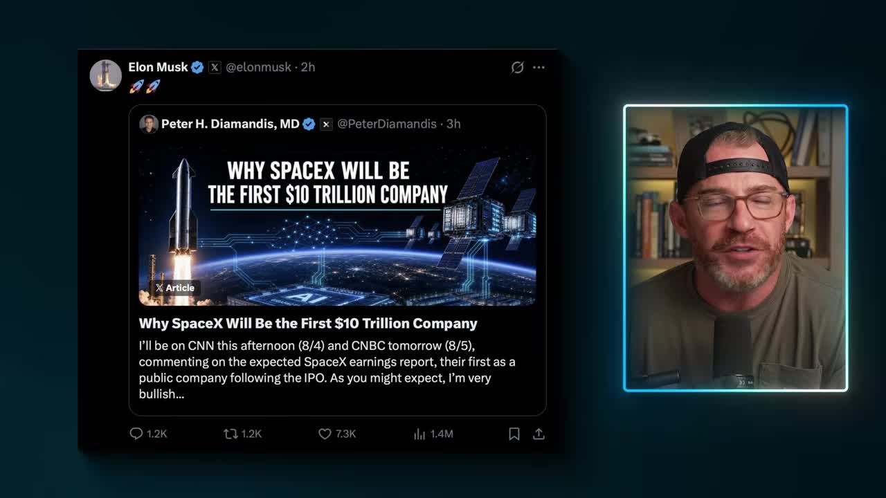 Elon Musk reposts article titled 'Why SpaceX Will Be the First $10 Trillion Company' by Peter Diamandis
