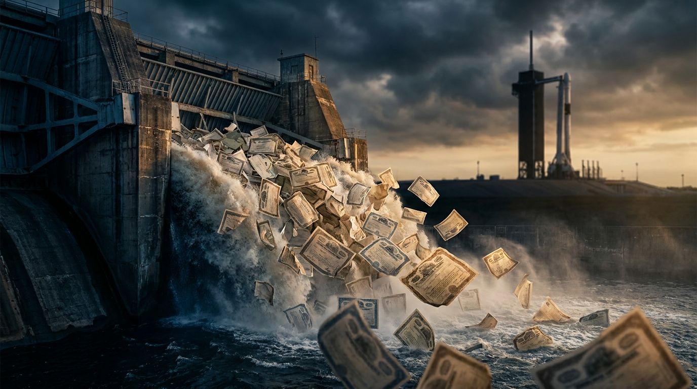 A massive floodgate or dam bursting open, releasing a torrent of water shaped like stock certificates or share documents cascading downward, with a SpaceX rocket silhouetted against a stormy sky in the background.