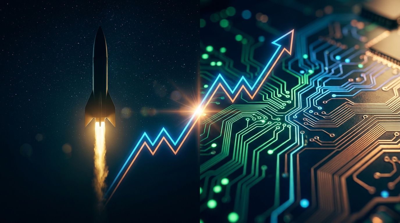 A dramatic split-screen composition showing a sleek SpaceX rocket launching against a starry sky on one side, and a glowing AI neural network or circuit board pattern on the other, with a bold stock chart line cutting diagonally across both
