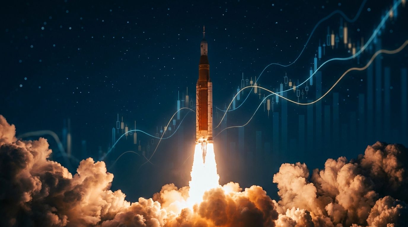 A dramatic close-up of a SpaceX Falcon rocket launching against a deep night sky, with brilliant white and orange exhaust flames illuminating billowing clouds of smoke below.