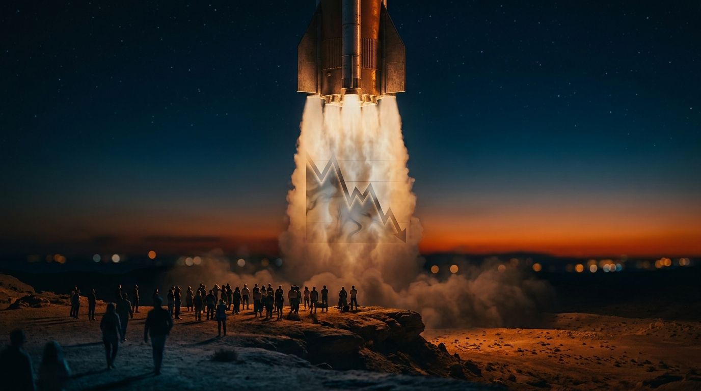 A rocket launching into space with a downward-trending stock chart graph subtly overlaid or reflected in the rocket's exhaust plume, creating a visual tension between ambition and market reality.