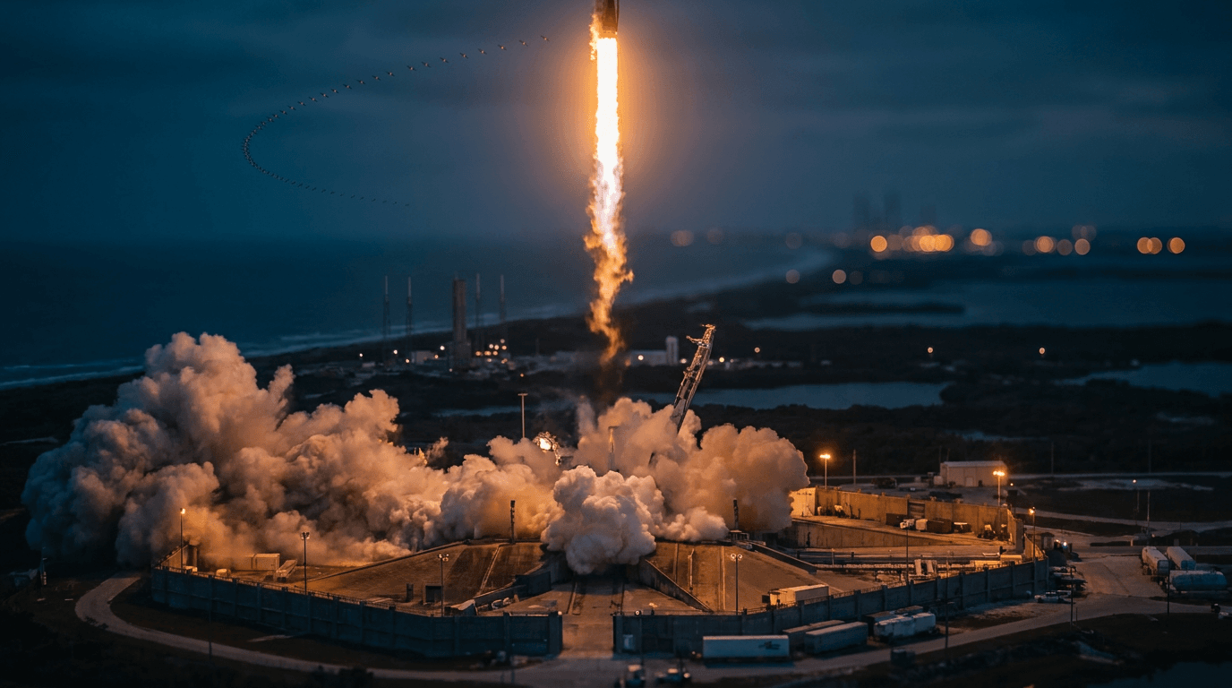 A powerful nighttime rocket launch frozen mid-flight, with the Falcon 9 booster's engines blazing bright orange against a deep twilight sky, streaking upward from a coastal launch pad with billowing exhaust clouds below.