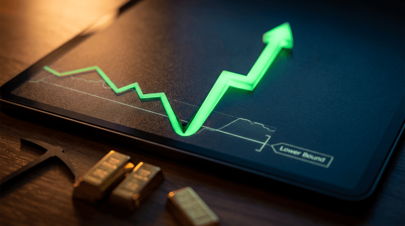 A dramatic stock chart line breaking upward from a deep dip, glowing green against a dark trading-screen background, with a bold arrow or bullish candlestick pattern surging skyward to convey momentum and opportunity.