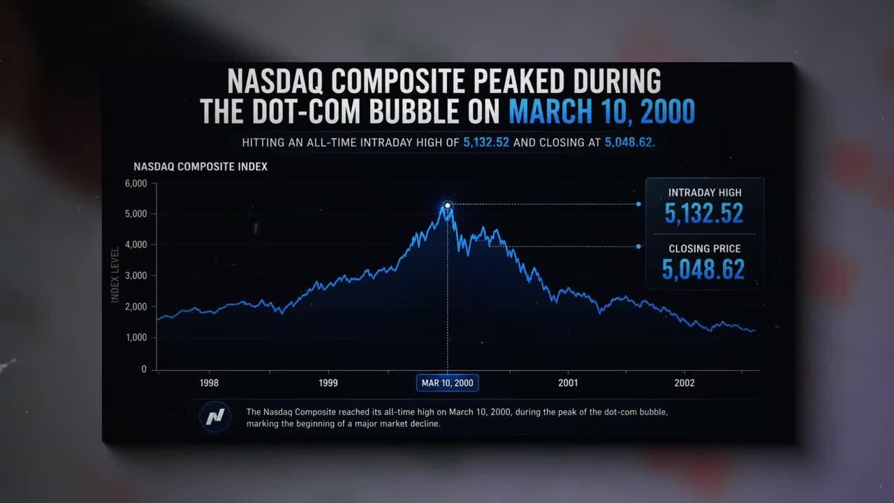 Line chart of the NASDAQ Composite Index from 1998 to 2002, showing its peak on March 10, 2000
