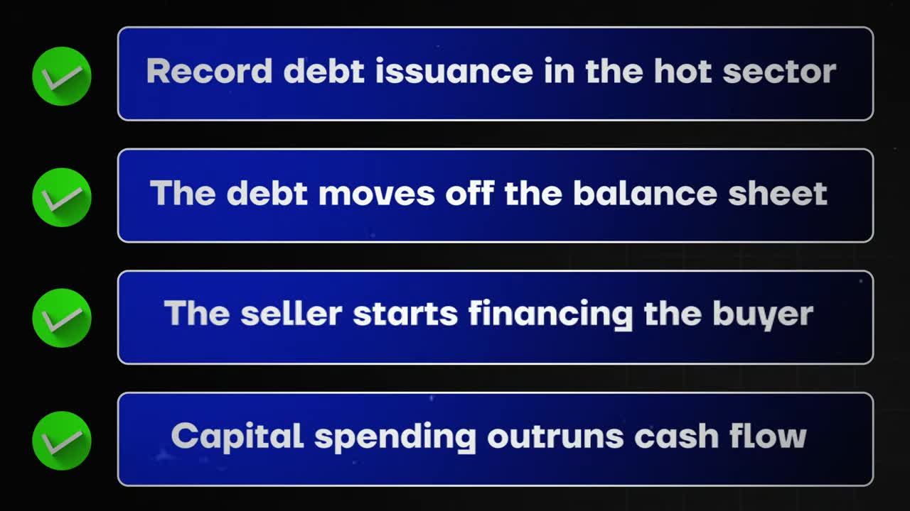 Checklist of market crash indicators with green checkmarks: record debt issuance in the hot sector, the debt moves off the balance sheet, and the seller starts financing the buyer